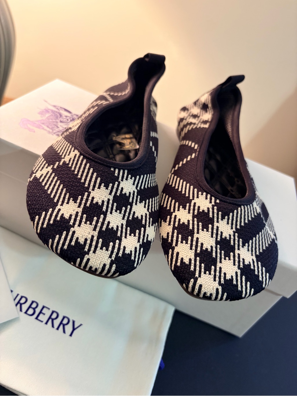 Burberry Black & White Plaid Knit Ballet Flats